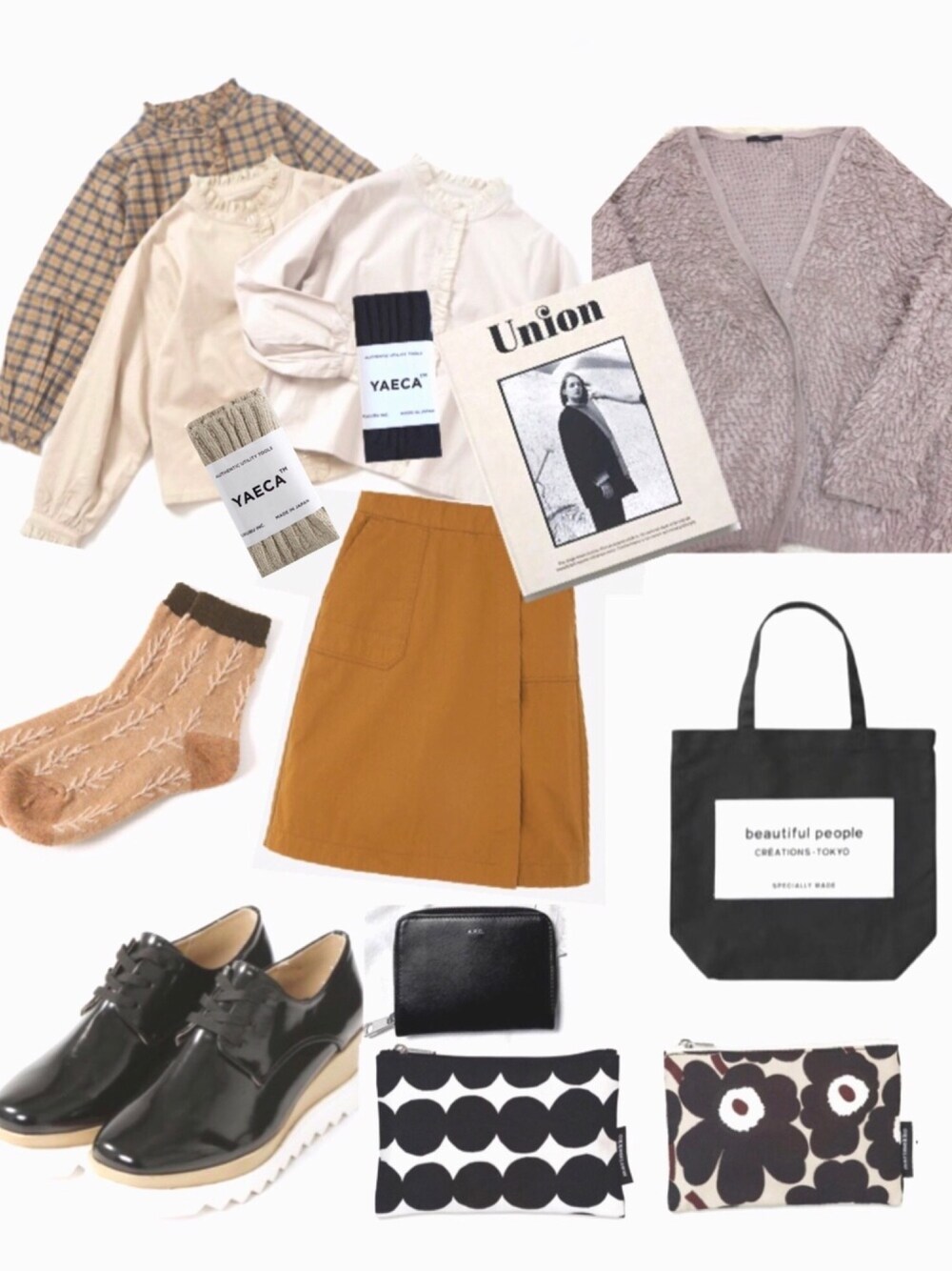 その他のスカート、その他のシャツ/ブラウス、ブラック系のローファーを着用したレディースの秋コーディネートの1枚目の写真