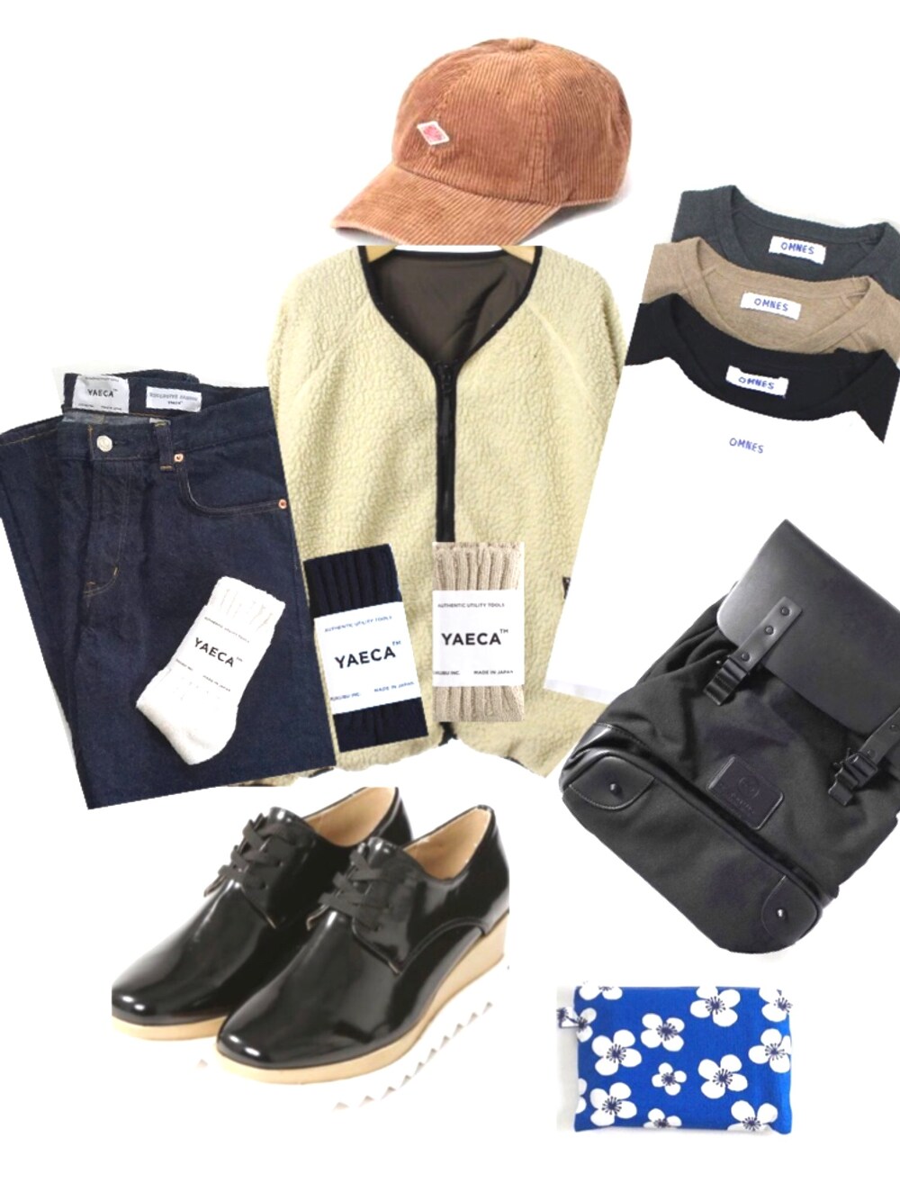 ブラック系のバックパック/リュック、その他のデニムパンツ、ブラック系のローファーを着用したレディースの秋コーディネートの1枚目の写真