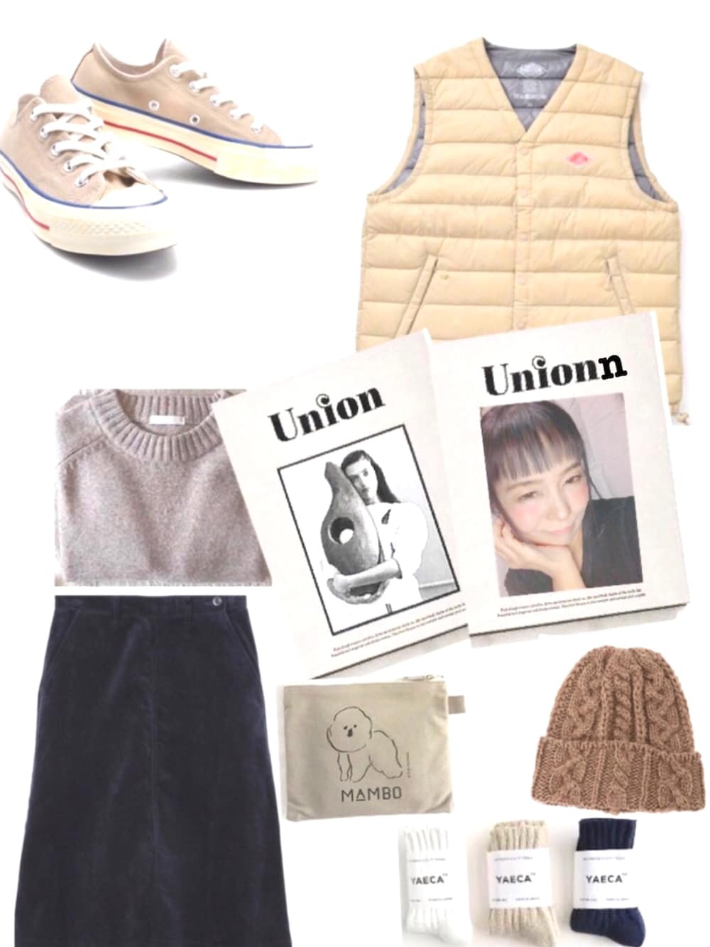 その他のダウンベスト、その他のスカート、その他のソックス/靴下を着用したレディースの秋コーディネートの1枚目の写真