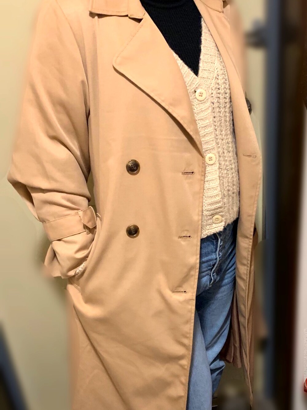 「パステル映える春、春、今日のコーデ、パンツスタイル、プチプラ、ニットカーディガン、シンプル、シンプルコーデ、シンプルスタイル、ジーンズ」｜「RETRO GIRLのアイテム（トレンチコート、ベージュ系）」を使った、きょん。さん（レディース・162cm）の春コーディネートの1枚目の写真