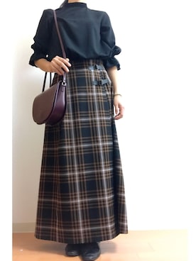 「タータンチェック」｜「アイテム（アナログ腕時計）」を使った、Yuna'nさん（レディース・155cm）の秋コーディネート