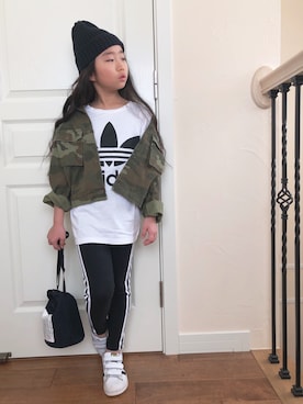 「AZUL by moussy（アズールバイマウジー）のアイテム（ニットキャップ/ビーニー）」を使った、elenaさん（キッズ・120cm）の春コーディネート