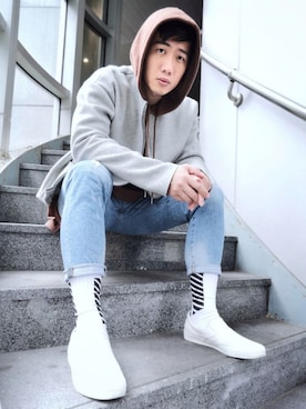 「MUJI」｜「アイテム（スリッポン）」を使った、haoyuさん（メンズ・180cm）の春コーディネート