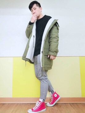 「no brand（ノーブランド）のアイテム（ピーコート）」を使った、haoyuさん（メンズ・180cm）の春コーディネート