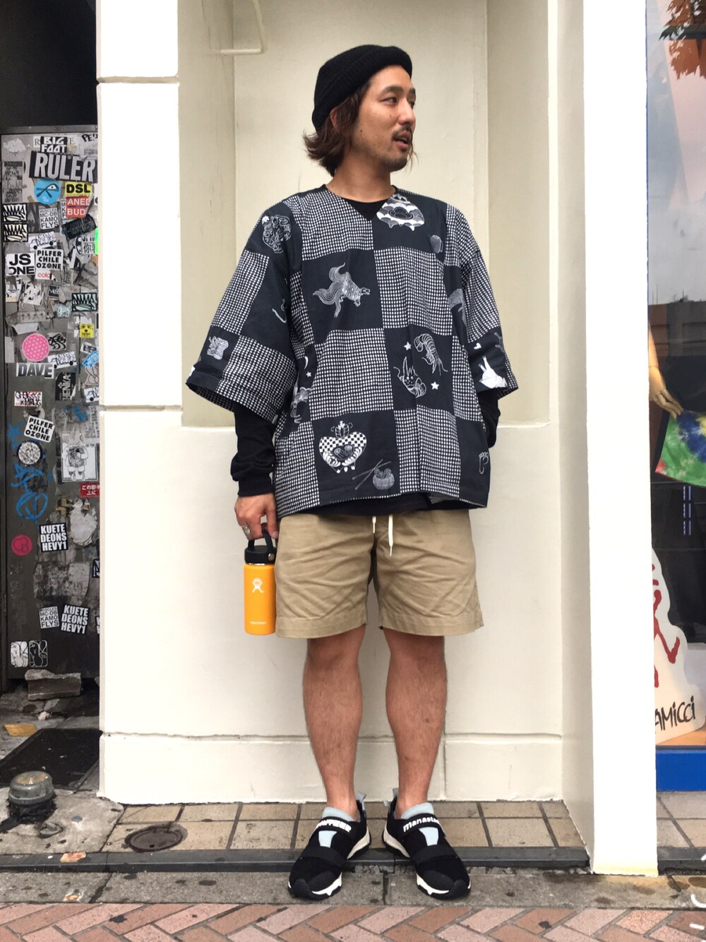 「夏、ootd、スニーカー、スポーツミックス、MANASTASH、アウトドアスタイル、ラフ、ビックシルエット、bohemians、poler」｜「POLeRのPOLER / ポーラー:WORKERMAN BEANIE / ニットキャップ（ニットキャップ/ビーニー、ブラック系）」を使った、Funachangさん（メンズ・177cm）の夏コーディネートの1枚目の写真