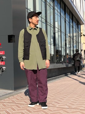 「MANASTASH（マナスタッシュ）のアイテム（ベスト）」を使った、Funachangさん（メンズ・177cm）の春コーディネート