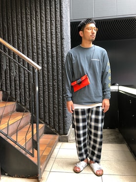「袖プリント」｜「アイテム（サンダル）」を使った、Funachangさん（メンズ・177cm）の夏コーディネート