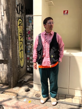 「MANASTASH（マナスタッシュ）のアイテム（ベスト）」を使った、Funachangさん（メンズ・177cm）の春コーディネート