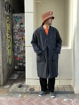 「MANASTASH（マナスタッシュ）のアイテム（ステンカラーコート）」を使った、Funachangさん（メンズ・177cm）の冬コーディネート
