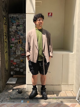 「meanswhile（ミーンズワイル）のアイテム（シューズ）」を使った、Funachangさん（メンズ・177cm）の春コーディネート