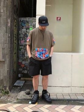 「meanswhile（ミーンズワイル）のアイテム（シューズ）」を使った、Funachangさん（メンズ・177cm）の夏コーディネート