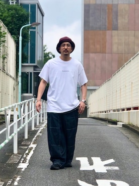 「meanswhile（ミーンズワイル）のアイテム（Tシャツ/カットソー）」を使った、Funachangさん（メンズ・177cm）の夏コーディネート