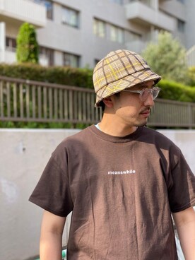 「meanswhile（ミーンズワイル）のアイテム（Tシャツ/カットソー）」を使った、Funachangさん（メンズ・177cm）の夏コーディネート