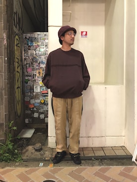 「meanswhile（ミーンズワイル）のアイテム（トップス）」を使った、Funachangさん（メンズ・177cm）の秋コーディネート