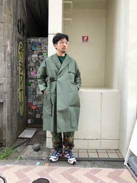 「F/CE. （エフシーイー）のアイテム（ステンカラーコート）」を使った、Funachangさん（メンズ・177cm）の秋コーディネート