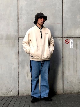 「meanswhile（ミーンズワイル）のアイテム（帽子）」を使った、Funachangさん（メンズ・177cm）の春コーディネート