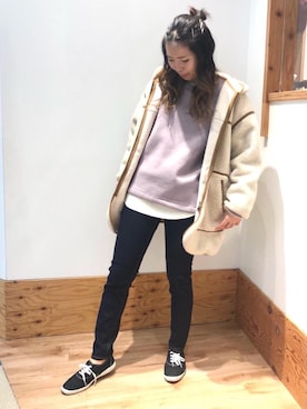 「パイピングコート」｜「アイテム（スウェット）」を使った、coen あまりさん（レディース・158cm）の秋コーディネート