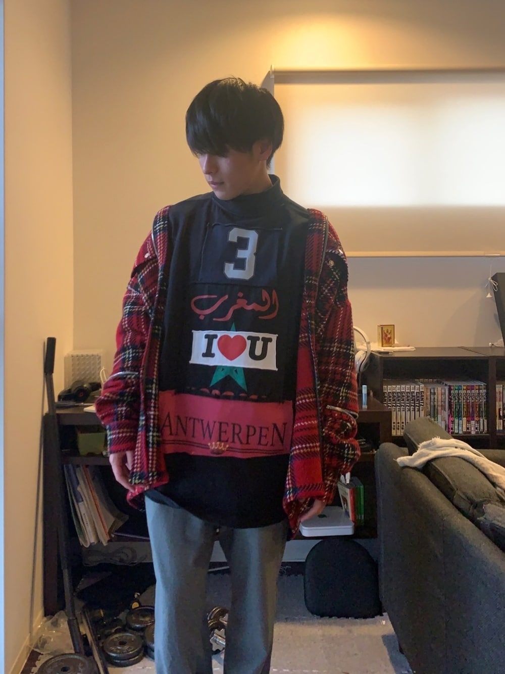 「おしゃれさんと繋がりたい、タートルネック、PALM ANGELS、vetements、赤チェック、赤、大学生、ストリート、オーバーサイズ」｜「Palm Angelsのアイテム（ジャケット/アウター、レッド系）」を使った、そーさん（メンズ・170cm）の冬コーディネートの1枚目の写真