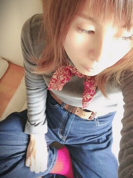「earth music&ecology（アースミュージックアンドエコロジー）のアイテム（マフラー、レッド系）」を使った、Non'sさん（レディース・153cm）の冬コーディネート