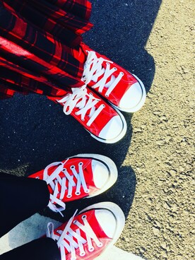 「CONVERSE（コンバース）のキッズ converse コンバース CHILD ALL STAR RZ HI チャイルド オールスター RZ ハイ RED（スニーカー、レッド系）」を使った、Non'sさん（レディース・153cm）の冬コーディネート