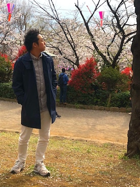 「花見」｜「アイテム（ステンカラーコート）」を使った、やすくんさん（メンズ・170cm）の春コーディネート