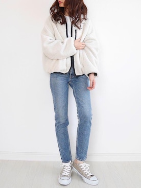 「MOUSSY（マウジー）のMVS SKINNY（デニムパンツ）」を使った、tomomiyu0920さん（レディース・157cm）の秋コーディネート