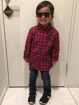 「BENETTON (UNITED COLORS OF BENETTON)（ベネトンユナイテッドカラーズオブベネトン）のフランネルチェックボタンダウンシャツUP2（シャツ/ブラウス、レッド系）」を使った、JUN☺︎さん（キッズ）の冬コーディネート