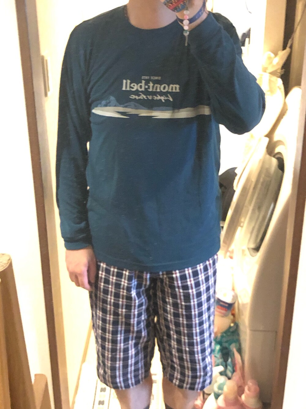 「部屋着、mont-bell、UNIQLO」｜「mont-bellのアイテム（Tシャツ/カットソー、グリーン系）」を使った、人生捨てるっす🍄さん（メンズ・170cm）の夏コーディネートの1枚目の写真