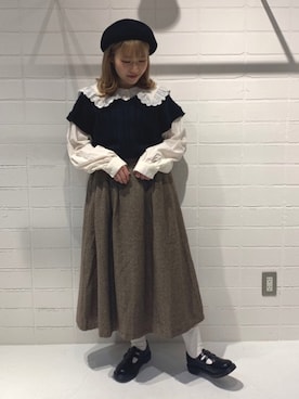 「レースブラウス」｜「アイテム（ハンチング/ベレー帽）」を使った、おゆいさん（レディース・150cm）の秋コーディネート