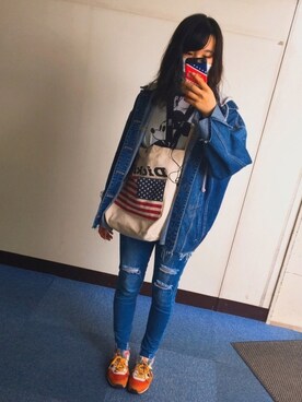 「Rodeo Crowns（ロデオクラウンズ）のアイテム（デニムジャケット）」を使った、りほさん（レディース・154cm）の春コーディネート