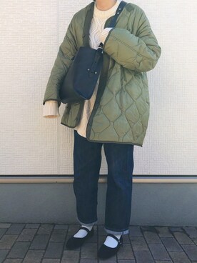 「ケーブルニット」｜「アイテム（ノーカラージャケット）」を使った、pon.さん（レディース・167cm）の冬コーディネート