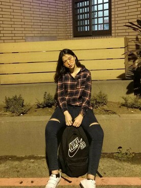 「NIKE（ナイキ）のアイテム（バックパック/リュック、ブラック系）」を使った、胡璟芸さん（レディース）の冬コーディネート