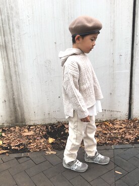 「オフホワイト」｜「アイテム（ハンチング/ベレー帽）」を使った、haruru1225さん（キッズ・110cm）の冬コーディネート
