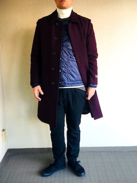 「アイテム（ステンカラーコート、レッド系）」を使った、しげさん（メンズ・177cm）の冬コーディネート