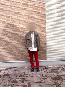 「HARE（ハレ）のショートトレンチジャケット(HARE)（トレンチコート、ブラウン系）」を使った、マージンさんさん（メンズ・180cm）の秋コーディネート