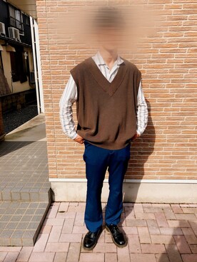 「SENSE OF PLACE by URBAN RESEARCH（センスオブプレイスバイアーバンリサーチ）のエクストラルーズVネックニットベスト（ベスト、グリーン系）」を使った、マージンさんさん（メンズ・180cm）の秋コーディネート