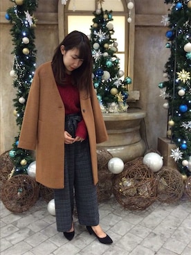 「赤ニット」｜「アイテム（ノーカラージャケット）」を使った、THE SHOP TK officialさん（レディース・157cm）の秋コーディネート