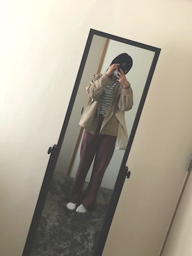 「coca（coca）（コカ）の【WEB限定セール】＼WEB限定新色／ボーダーボートネックトップス/オーガニックコットン混（Tシャツ/カットソー）」を使った、むむさん（レディース・165cm）の春コーディネート