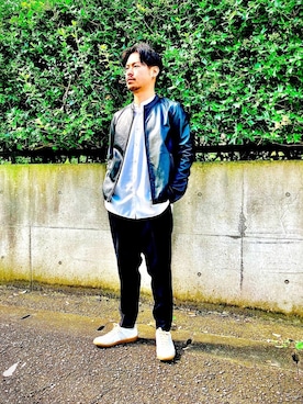 「tk.TAKEO KIKUCHI」｜「アイテム（ライダースジャケット）」を使った、tk.TAKEO KIKUCHI溝口丸井さん（メンズ・175cm）の秋コーディネート