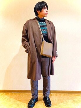 「tk.TAKEO KIKUCHI（ティーケータケオキクチ）のアイテム（ノーカラーコート）」を使った、tk.TAKEO KIKUCHI溝口丸井さん（メンズ・175cm）の冬コーディネート