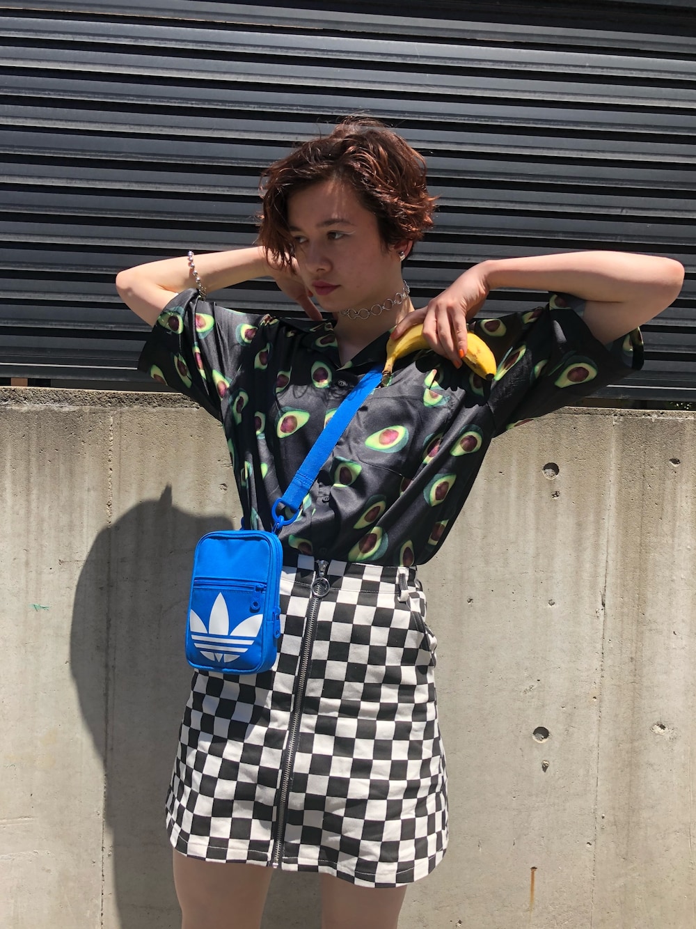 「今日のコーデ、カジュアルコーデ、春夏コーデ、プチプラ、ootd、outfit、WC、adidas originals、バナナ、美味しく頂きました」｜「adidas Originalsのオリジナルス バッグ [FESTVIAL BAG TREFOIL]（ショルダーバッグ、ブルー系）」を使った、MELANIEさん（レディース・163cm）の春コーディネートの1枚目の写真