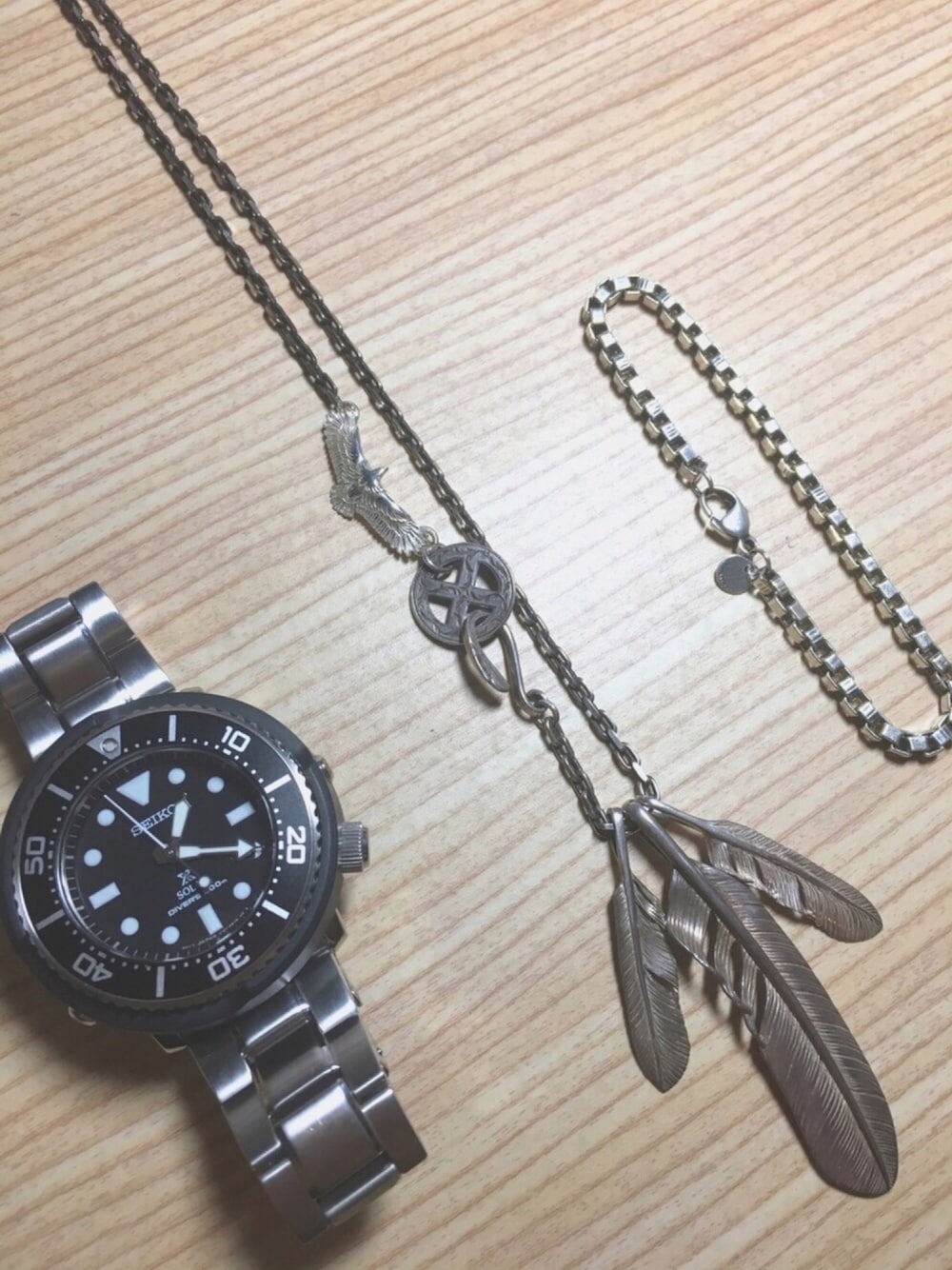 「SEIKO、セイコー、ケンキクチ、KENKIKUCHI、tiffany&co、ティファニー」｜「ケンキクチのアイテム（ネックレス、シルバー系）」を使った、Jiantさん（メンズ・178cm）の夏コーディネートの1枚目の写真