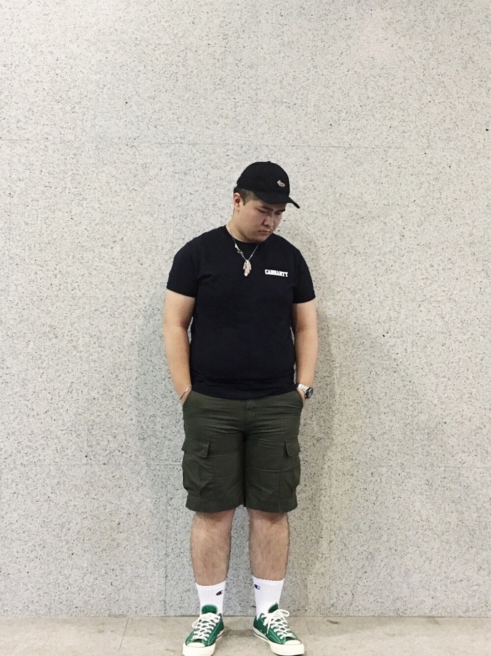 「Carhartt WIP(Carhartt WIP)、converse、ken kikuchi、SEIKO、tiffany&co、カーハート ダブリューアイピー(Carhartt WIP)、コンバース、ケンキクチ、セイコー、ティファニー」｜「Carhartt WIPのS/S COLLEGE SCRIPT T-SHIRT（Tシャツ/カットソー、ブルー系）」を使った、Jiantさん（メンズ・178cm）の夏コーディネートの1枚目の写真