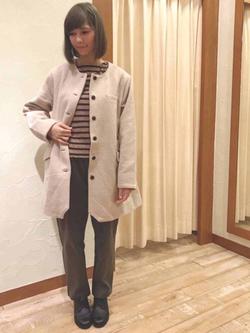 「秋のコーデ、オトナカジュアル、おしゃれさんと繋がりたい、SM2、Samansa Mos2、サマンサ モスモス(Samansa Mos2)」｜「Samansa Mos2の後ろリボン切り替えボーダープルオーバー（Tシャツ/カットソー、ブラウン系）」を使った、M I N Aさん（レディース・158cm）の秋コーディネートの1枚目の写真