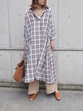 「チェックシャツワンピース」｜「アイテム（シャツワンピース）」を使った、MARIKOさん（レディース・168cm）の春コーディネート