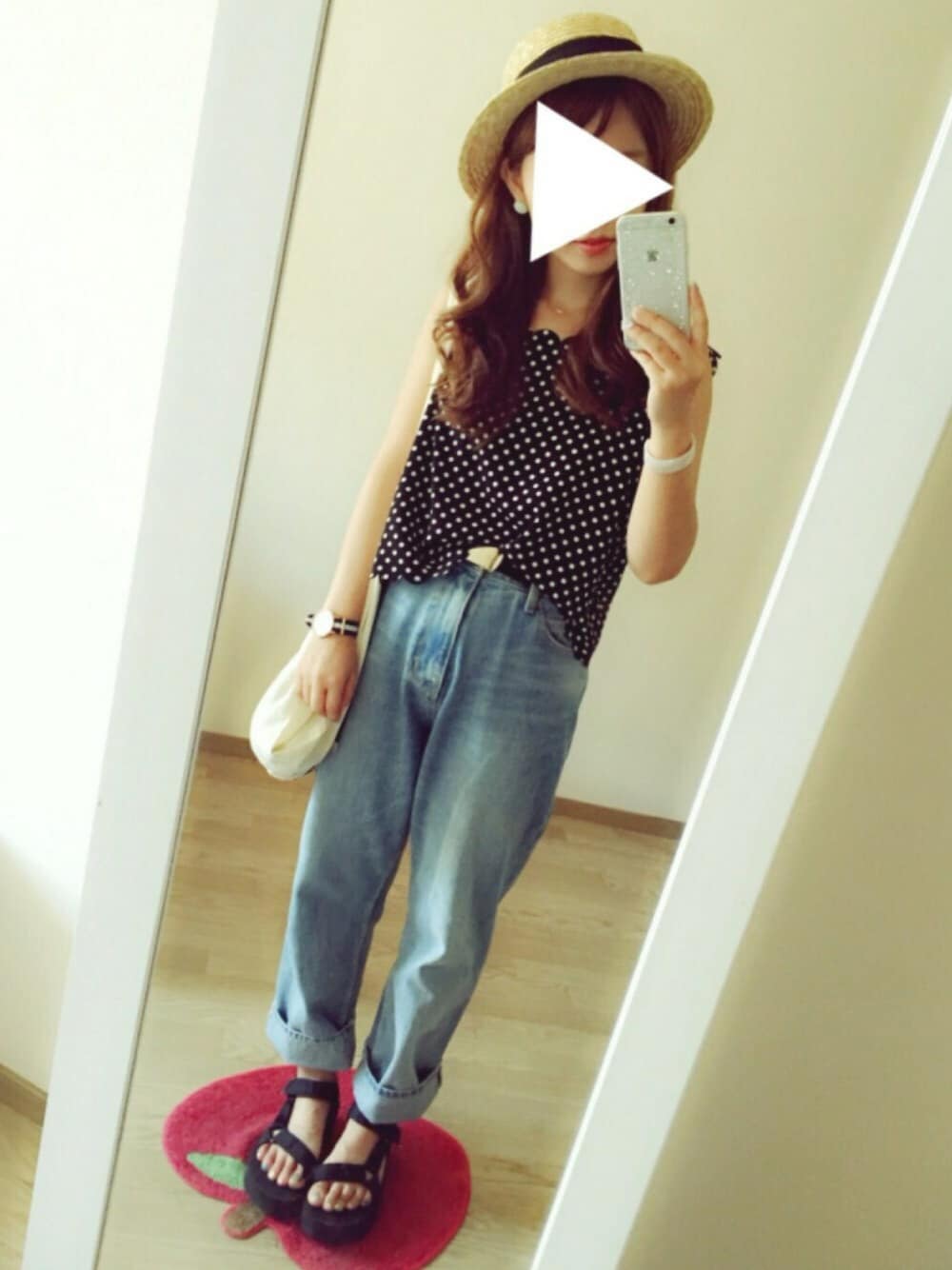 「夏、ドット、ワイドパンツ、カンカン帽、teva」｜「Narcissusの【cheap!!by vaNite】ドットタンクトップ（タンクトップ、ブラック系）」を使った、chocoさん（レディース・153cm）の夏コーディネートの1枚目の写真