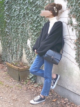 「chocomee（チョコミー）のアイテム（デニムパンツ）」を使った、chocoさん（レディース・153cm）の冬コーディネート