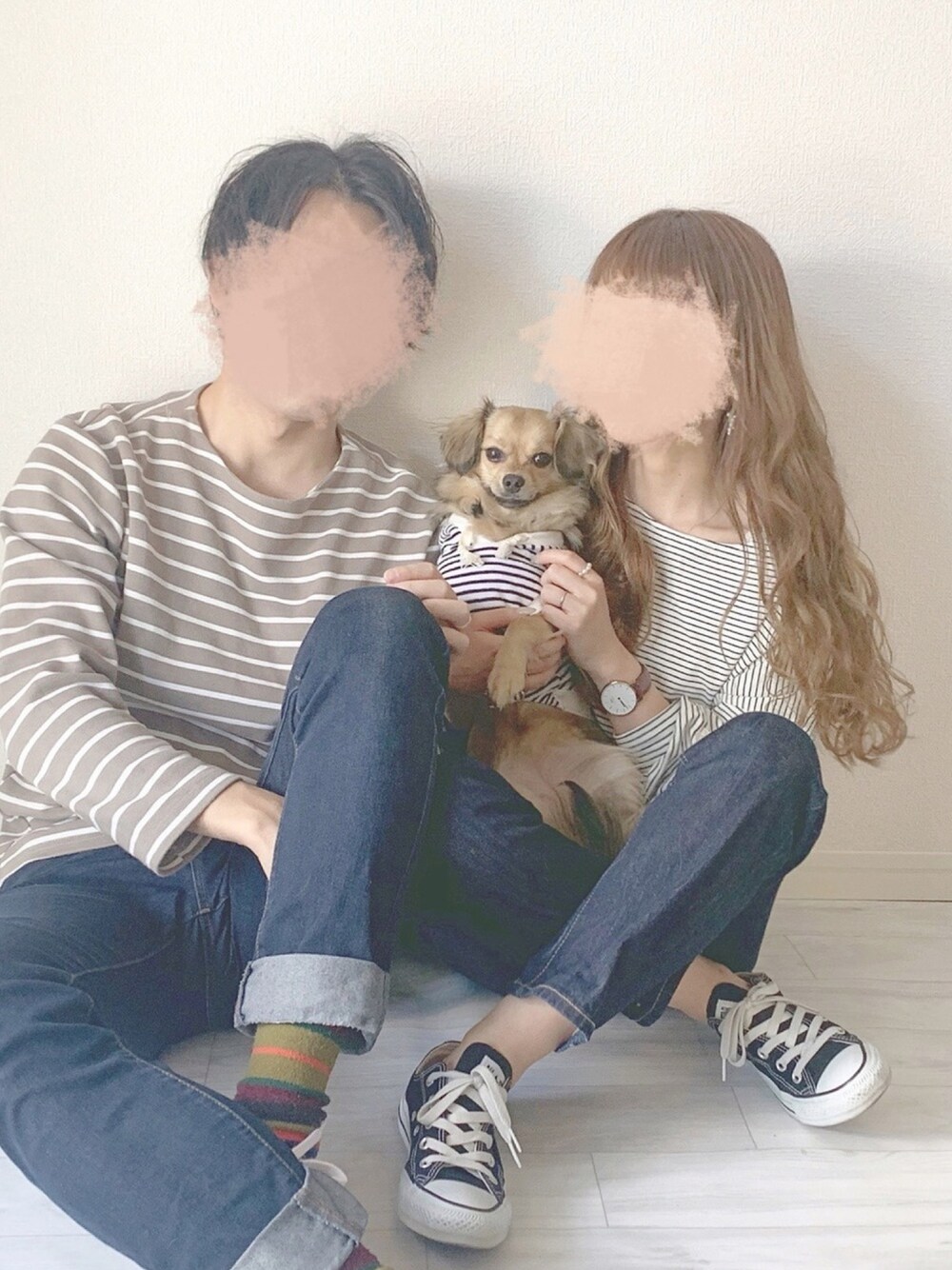 「シンプルコーデ、休日スタイル、シミラールック、ボーダー、chocomee、おそろいコーデ」｜「chocomeeのchocomeeボーダー（Tシャツ/カットソー、ブラック系）」を使った、chocoさん（レディース・153cm）の春コーディネートの1枚目の写真