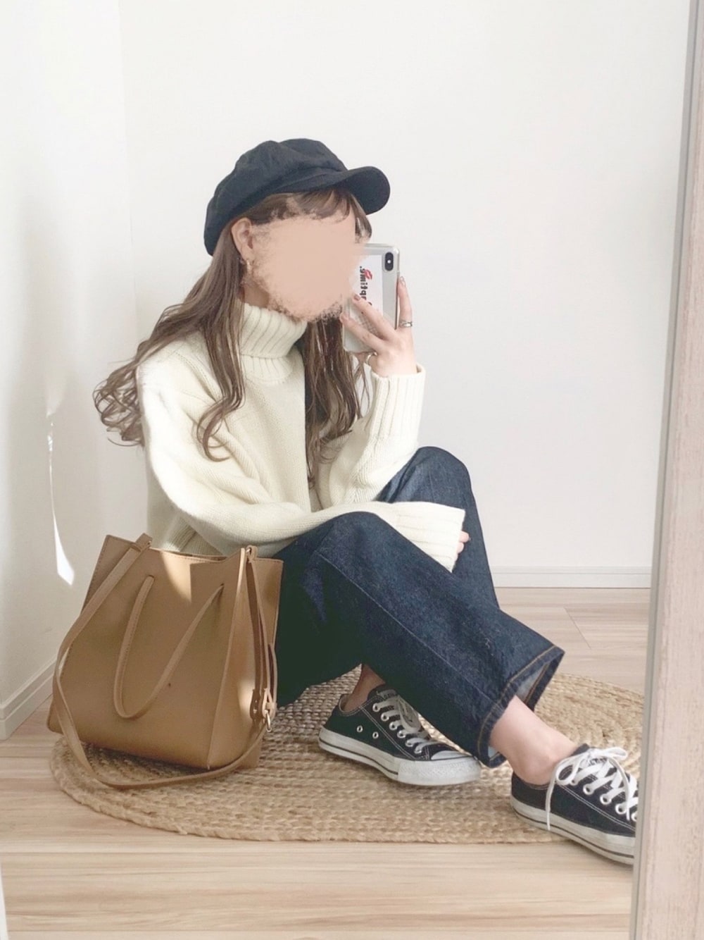 「GU、タートルネック、シンプル、カジュアル、GRL、グレイル」｜「GUのアイテム（ニット/セーター、ホワイト系）」を使った、chocoさん（レディース・153cm）の冬コーディネートの1枚目の写真