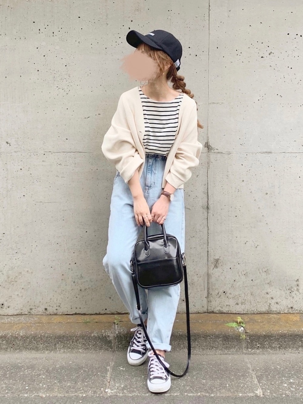「オトナカジュアル、カジュアル、低身長、ZARA、UNIQLO、プチプラコーデ、Naptime.、キャップ」｜「chocomeeのボーダーカットソー（Tシャツ/カットソー、ブルー系）」を使った、chocoさん（レディース・153cm）の春コーディネートの1枚目の写真